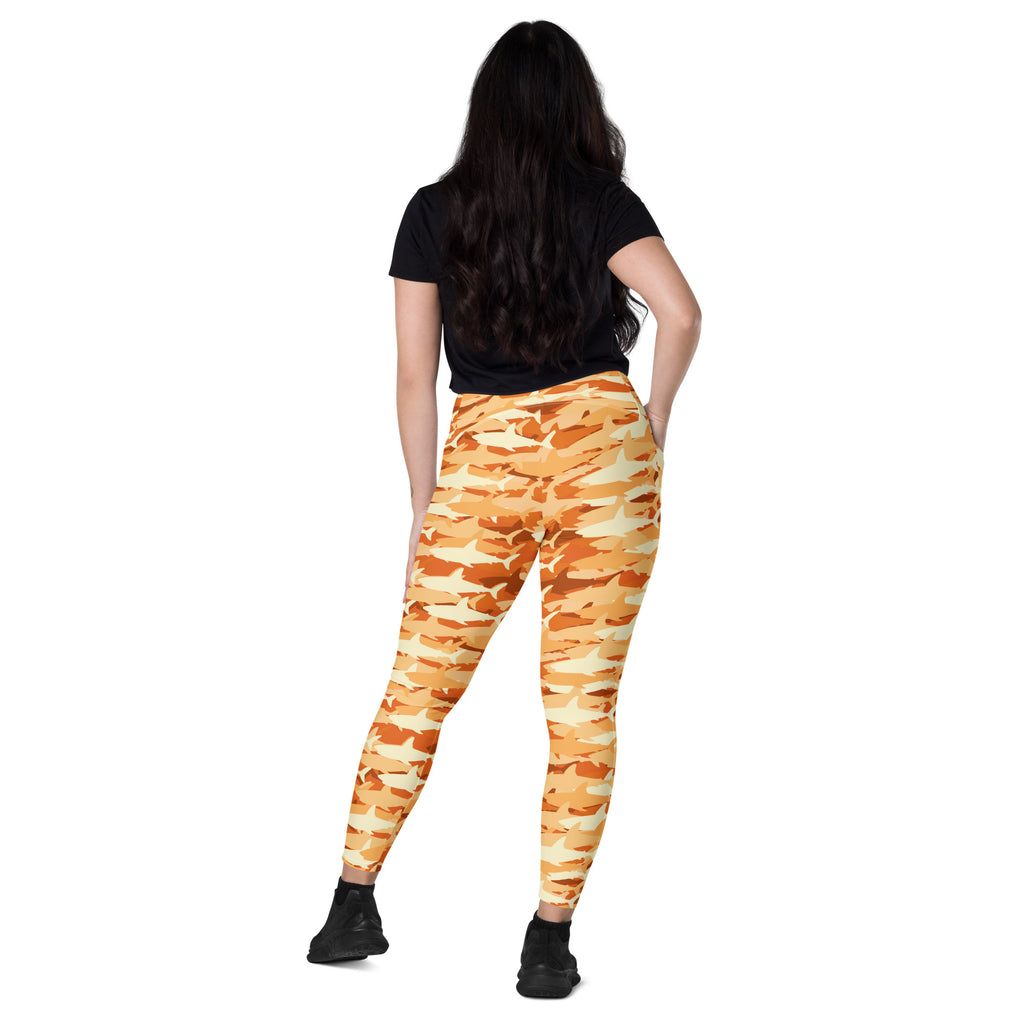 Women’s Orange Shark Camouflage Yoga Leggings With Pockets – High-Waisted, Soft Compression Active Pants