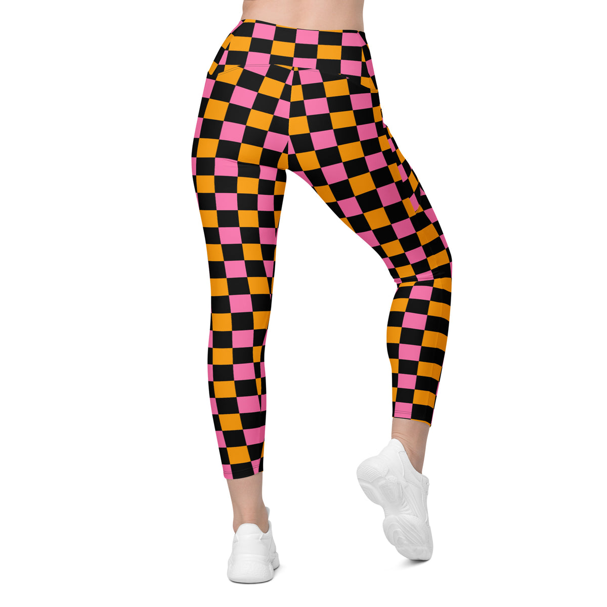 Women’s Pink Orange & Black Checkered Halloween Yoga Leggings With Pockets – High-Waisted, Soft Compression Active Pants