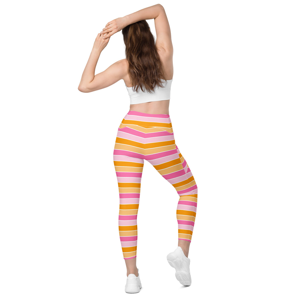 Women’s Pink & Orange Striped Candy Cane Yoga Leggings With Pockets – High-Waisted, Soft Compression Active Pants