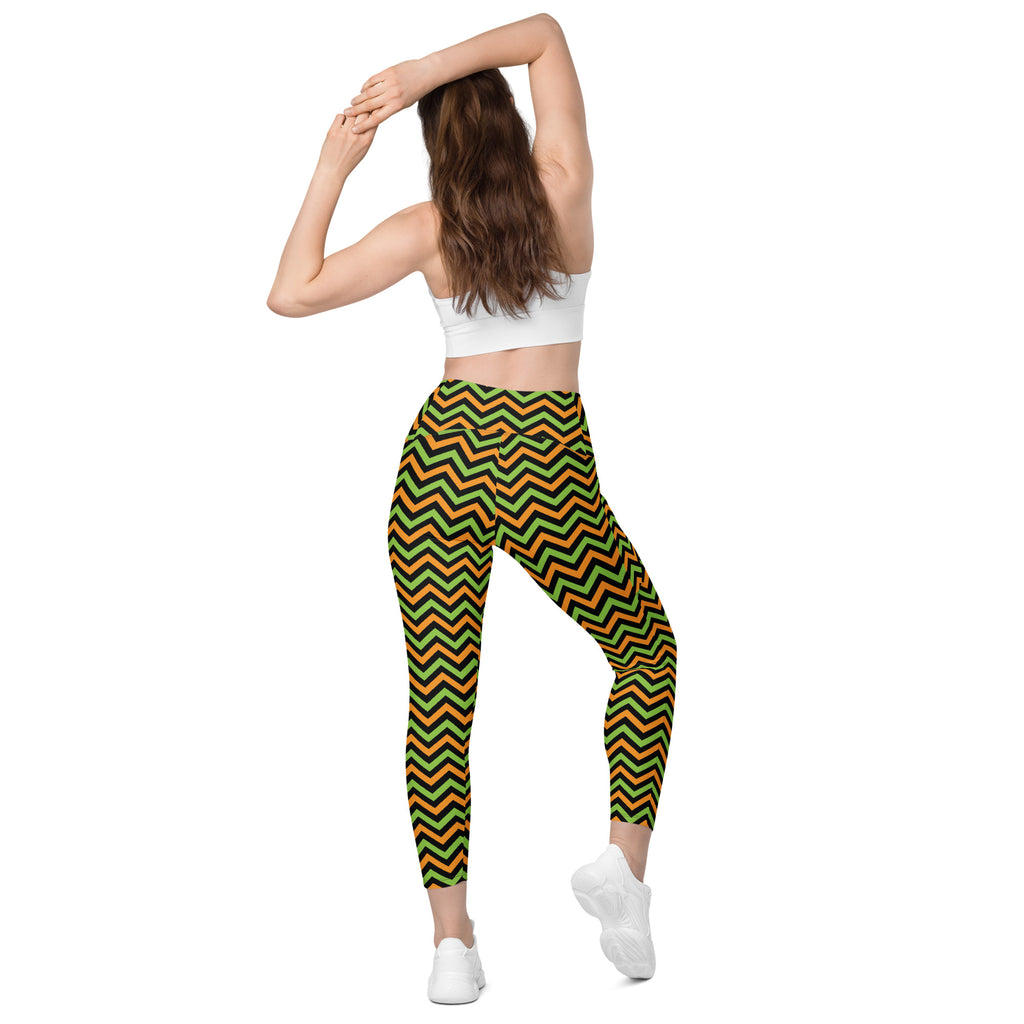 Women’s Orange Green & Black Chevron Halloween Yoga Leggings With Pockets – High-Waisted, Soft Compression Active Pants