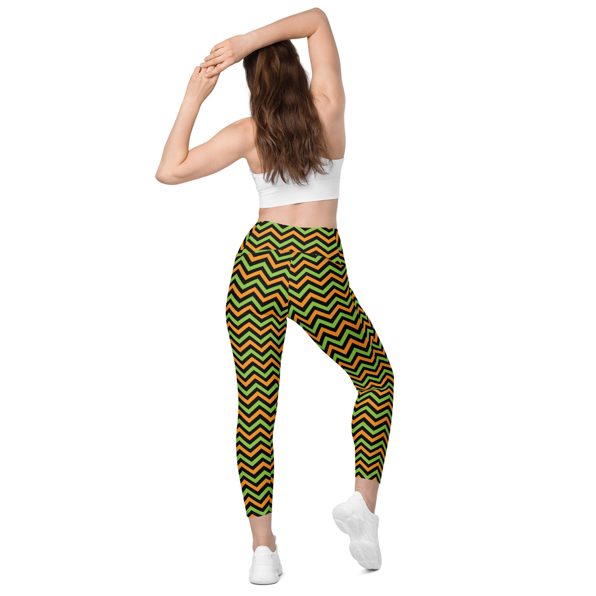 Women’s Orange Green & Black Chevron Halloween Yoga Leggings With Pockets – High-Waisted, Soft Compression Active Pants