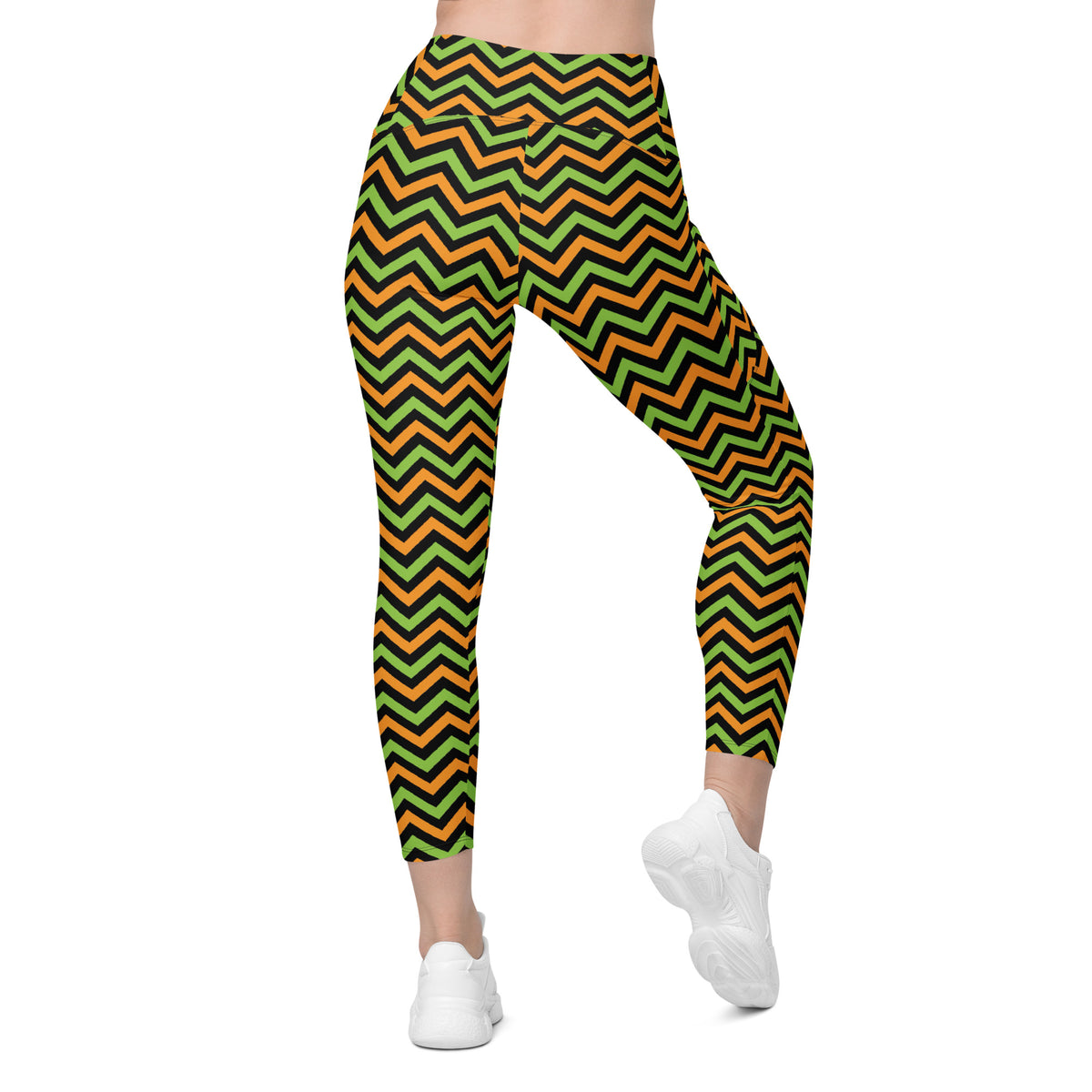 Women’s Orange Green & Black Chevron Halloween Yoga Leggings With Pockets – High-Waisted, Soft Compression Active Pants
