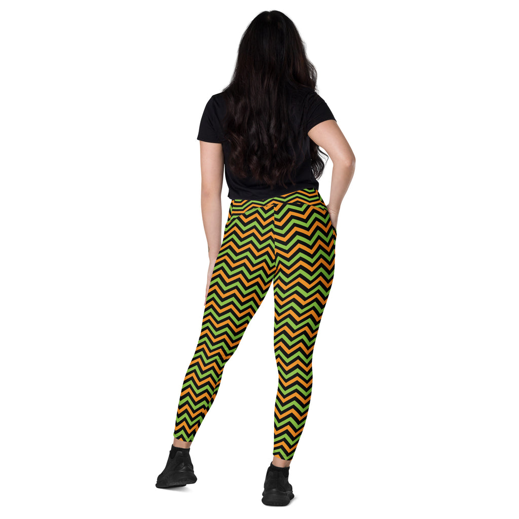 Women’s Orange Green & Black Chevron Halloween Yoga Leggings With Pockets – High-Waisted, Soft Compression Active Pants