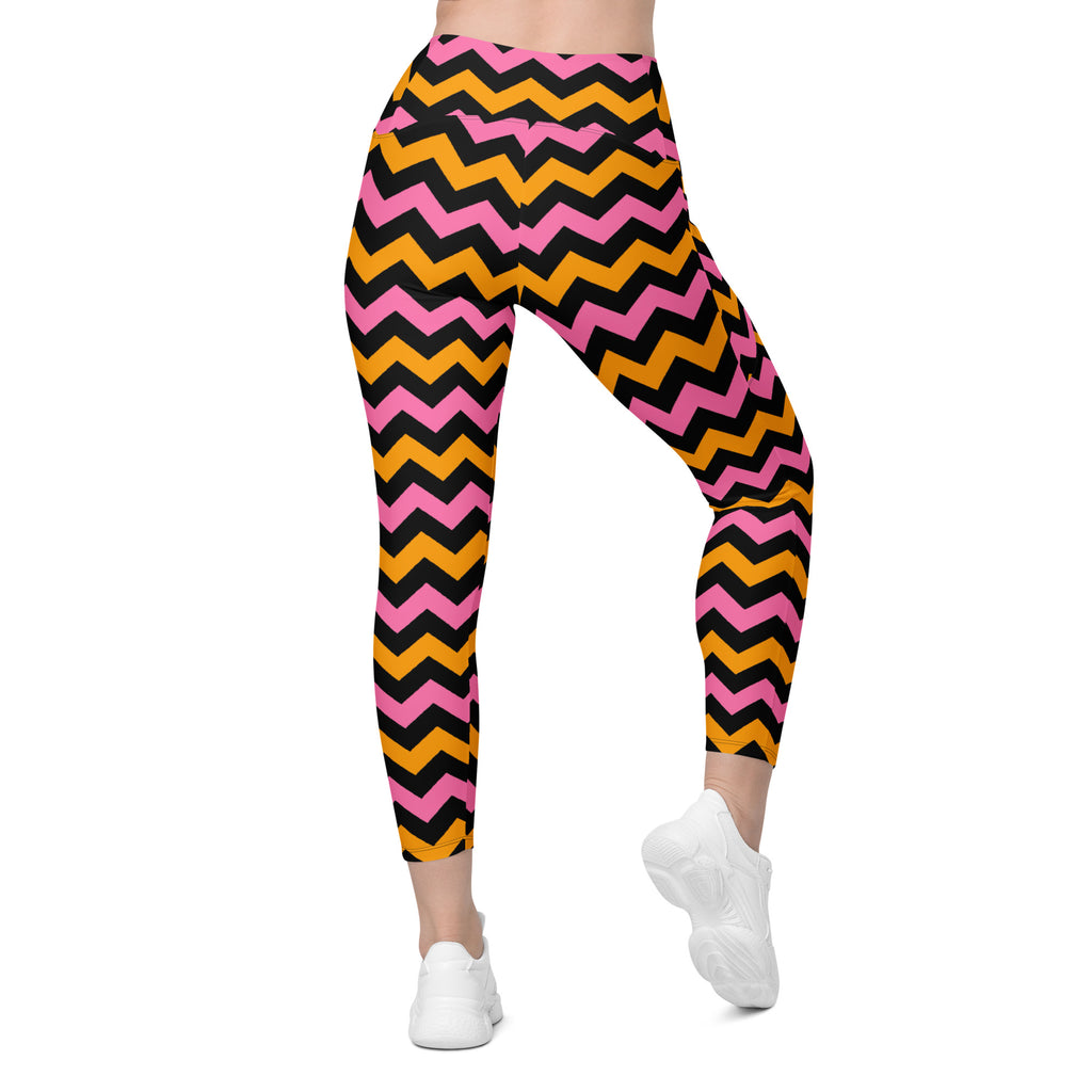 Women’s Pink & Orange Chevron Halloween Yoga Leggings With Pockets – High-Waisted, Soft Compression Active Pants