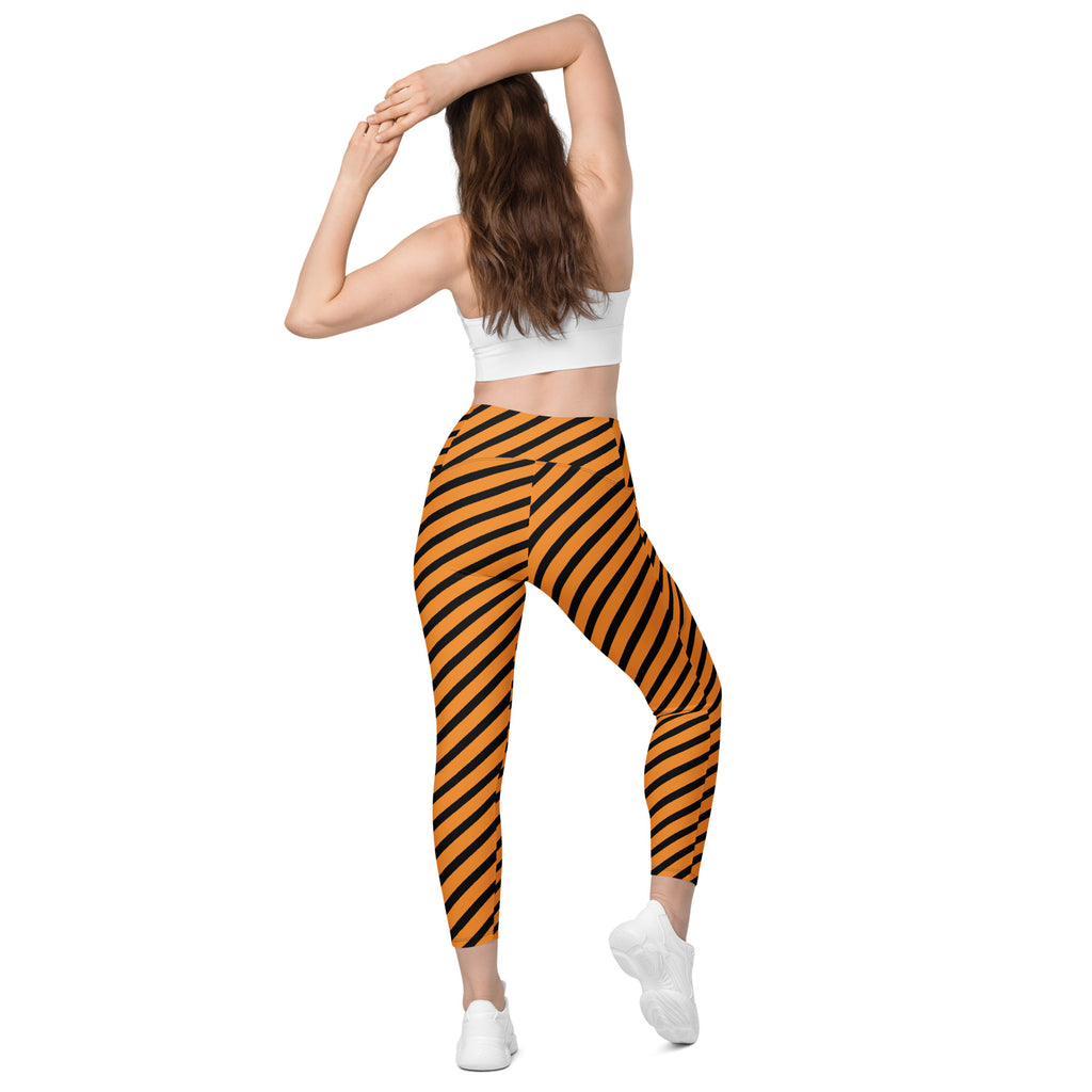 Women’s Orange Striped Halloween Yoga Leggings With Pockets – High-Waisted, Soft Compression Active Pants