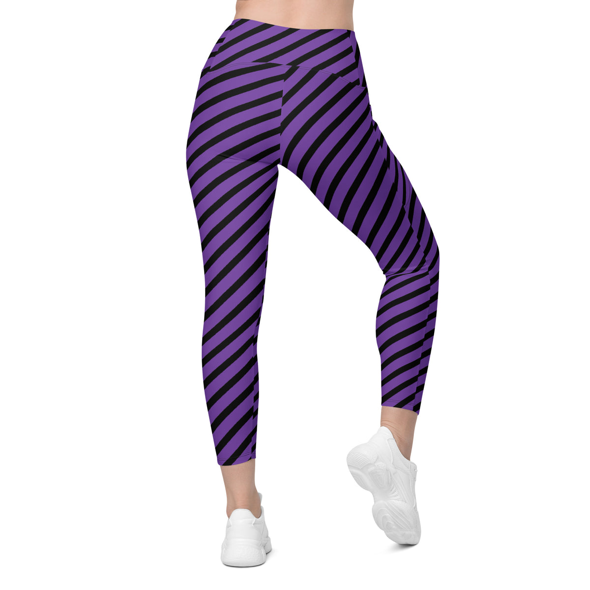 Women’s Purple Striped Halloween Yoga Leggings With Pockets – High-Waisted, Soft Compression Active Pants