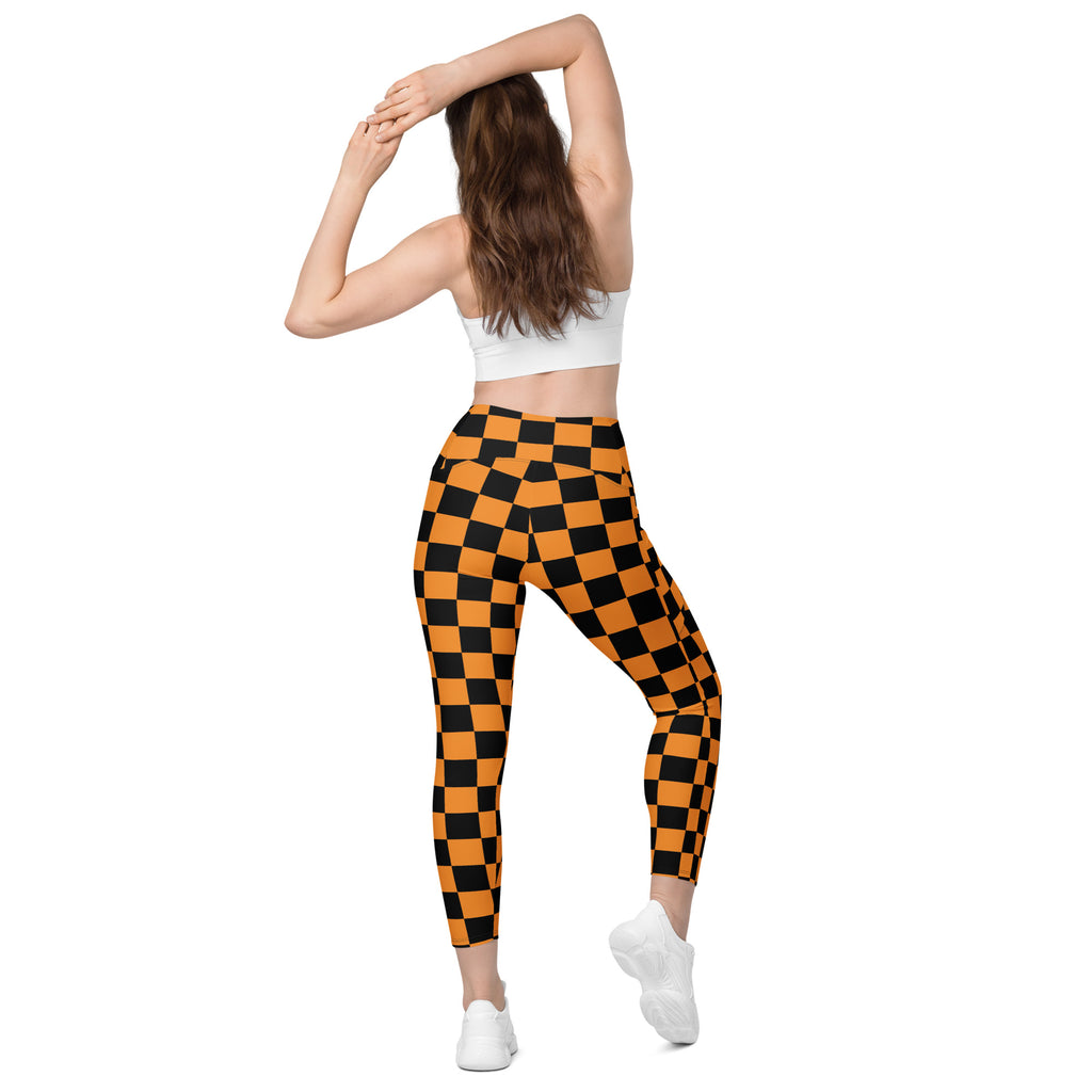 Women’s Orange Checkered Halloween Yoga Leggings With Pockets – High-Waisted, Soft Compression Active Pants