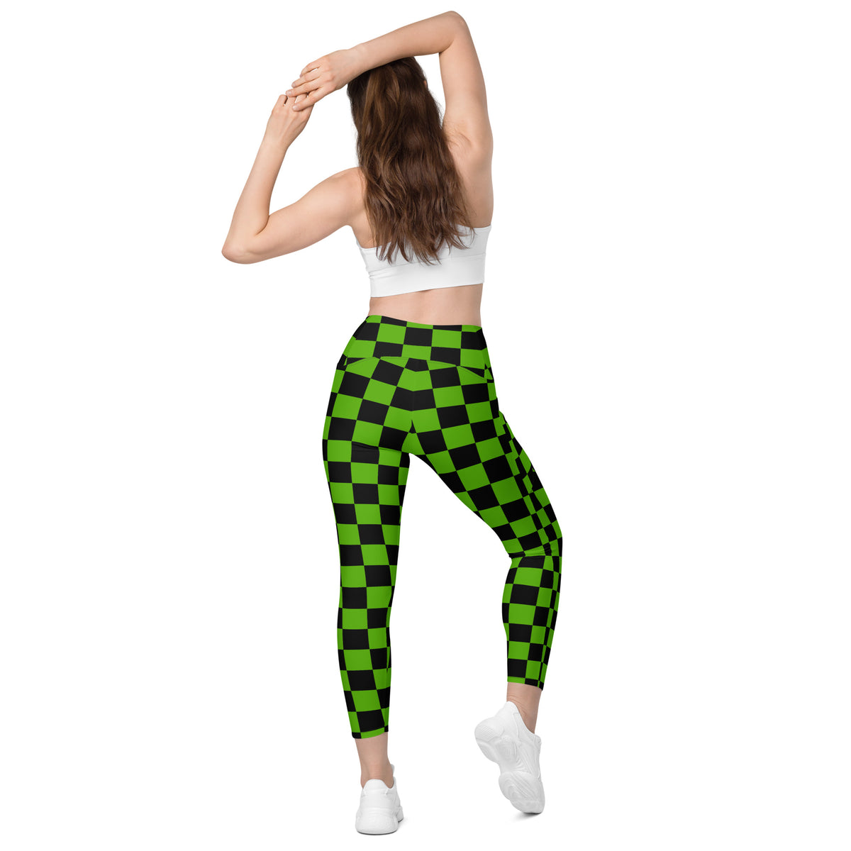 Women’s Green Checkered Halloween Yoga Leggings With Pockets – High-Waisted, Soft Compression Active Pants