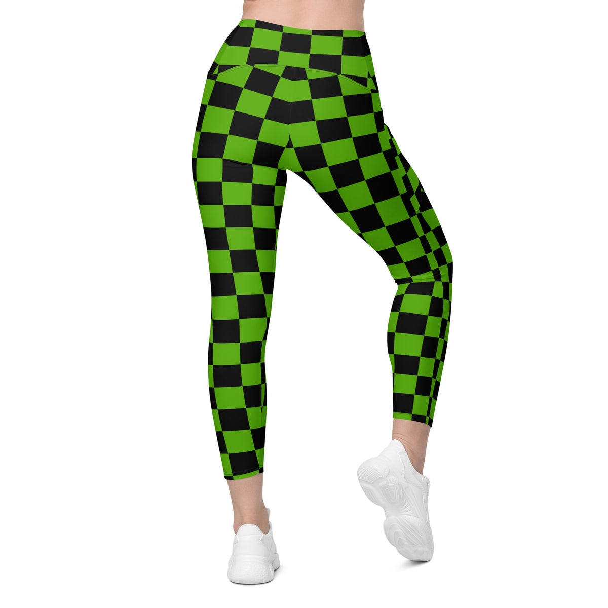 Women’s Green Checkered Halloween Yoga Leggings With Pockets – High-Waisted, Soft Compression Active Pants