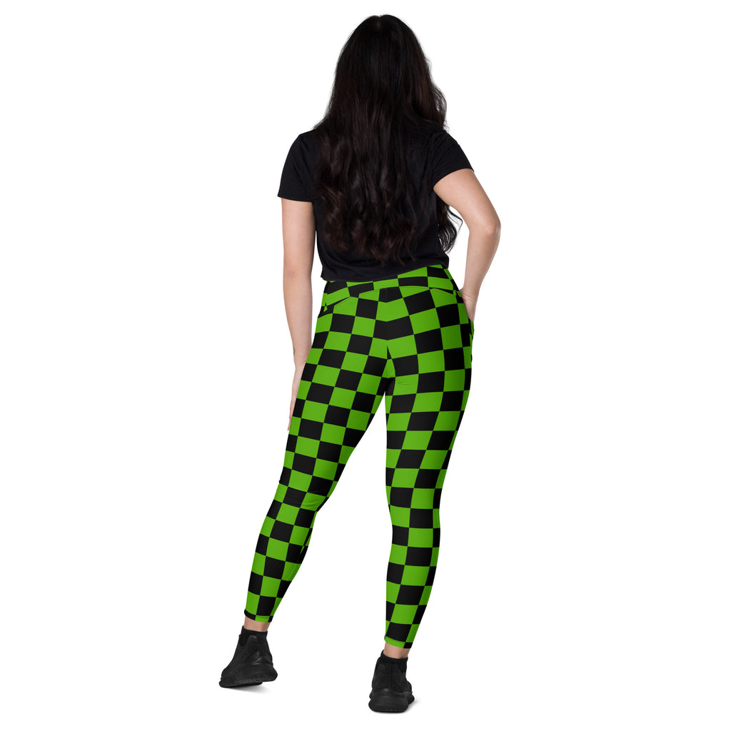 Women’s Green Checkered Halloween Yoga Leggings With Pockets – High-Waisted, Soft Compression Active Pants