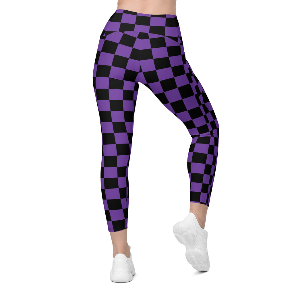 Women’s Purple Checkered Halloween Yoga Leggings With Pockets – High-Waisted, Soft Compression Active Pants