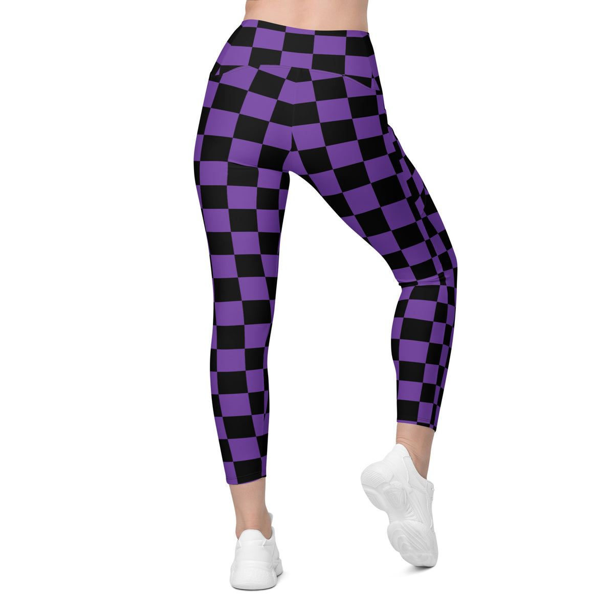 Women’s Purple Checkered Halloween Yoga Leggings With Pockets – High-Waisted, Soft Compression Active Pants