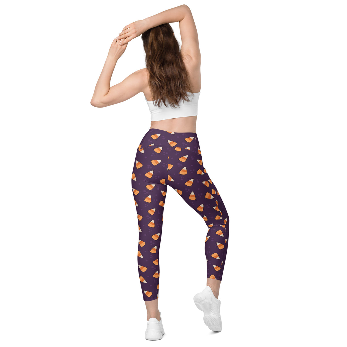 Women’s Purple Candy Corn Halloween Yoga Leggings With Pockets – High-Waisted, Soft Compression Active Pants