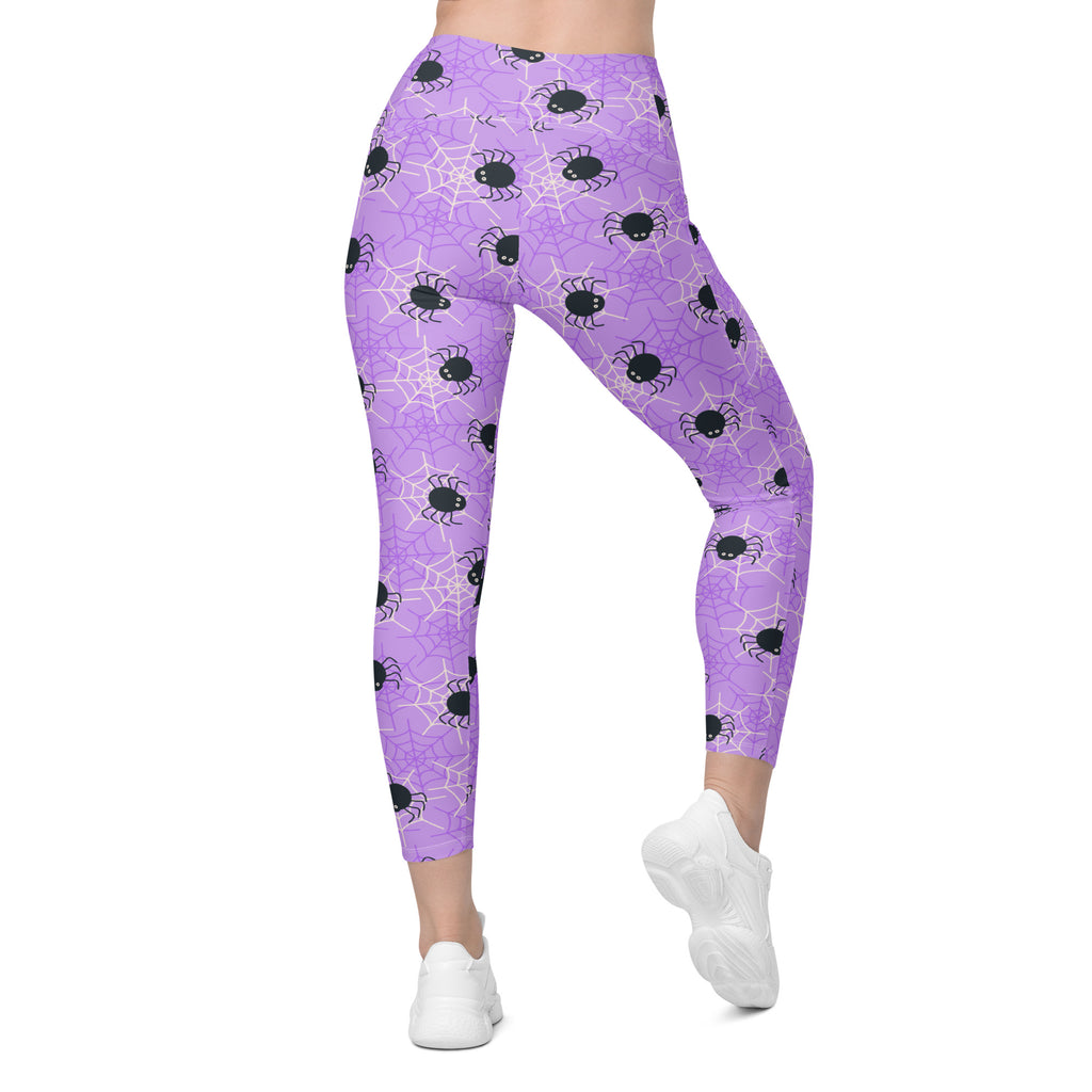 Women’s Purple Spider Web Halloween Yoga Leggings With Pockets – High-Waisted, Soft Compression Active Pants