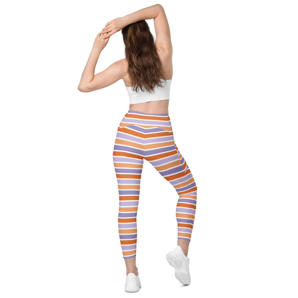 Women’s Orange Purple Striped Candy Cane Halloween Yoga Leggings With Pockets – High-Waisted, Soft Compression Active Pants