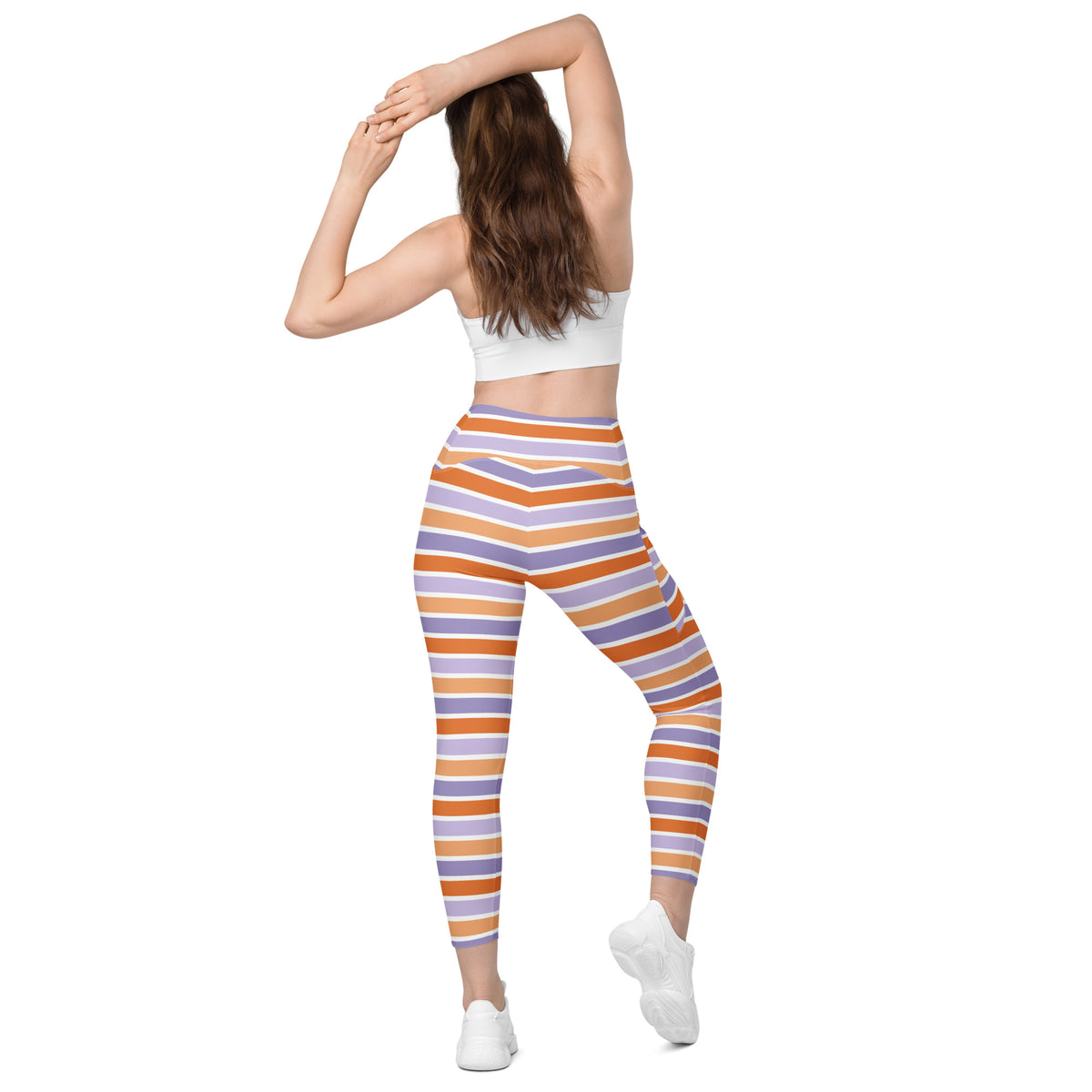 Women’s Orange Purple Striped Candy Cane Halloween Yoga Leggings With Pockets – High-Waisted, Soft Compression Active Pants
