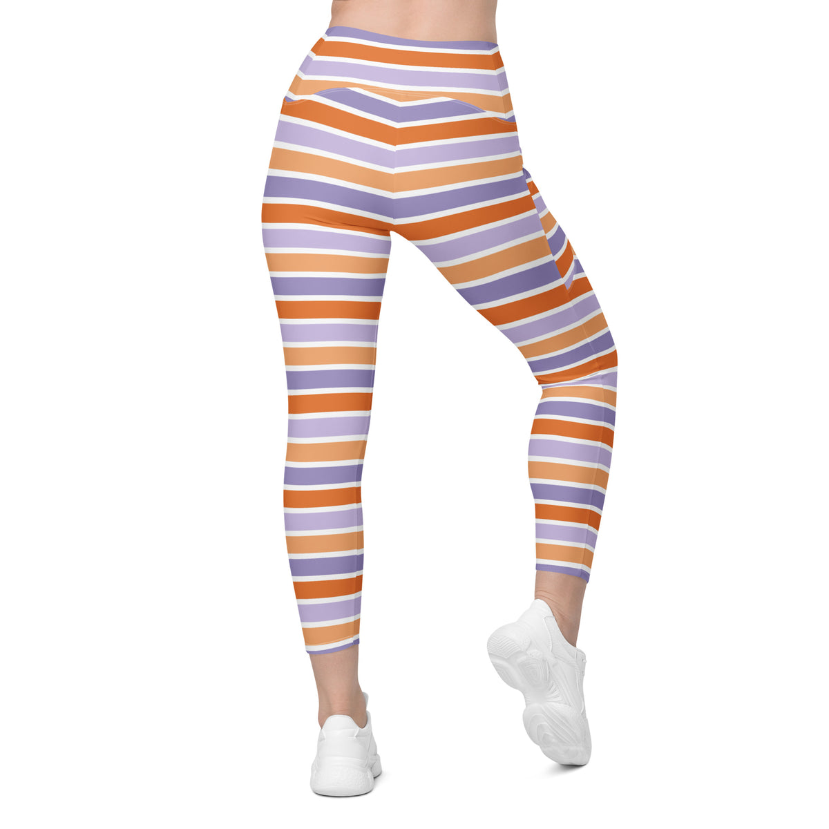 Women’s Orange Purple Striped Candy Cane Halloween Yoga Leggings With Pockets – High-Waisted, Soft Compression Active Pants