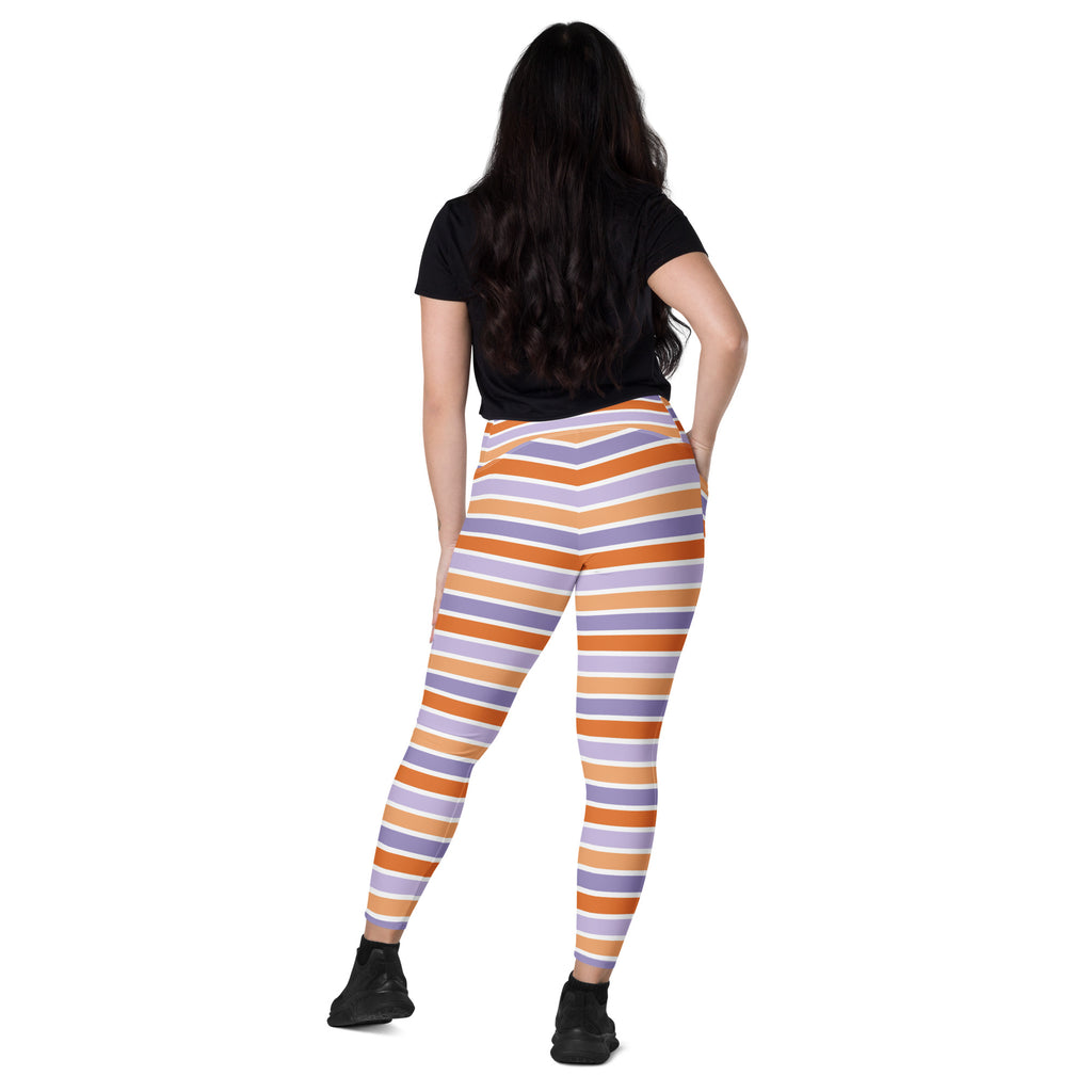 Women’s Orange Purple Striped Candy Cane Halloween Yoga Leggings With Pockets – High-Waisted, Soft Compression Active Pants