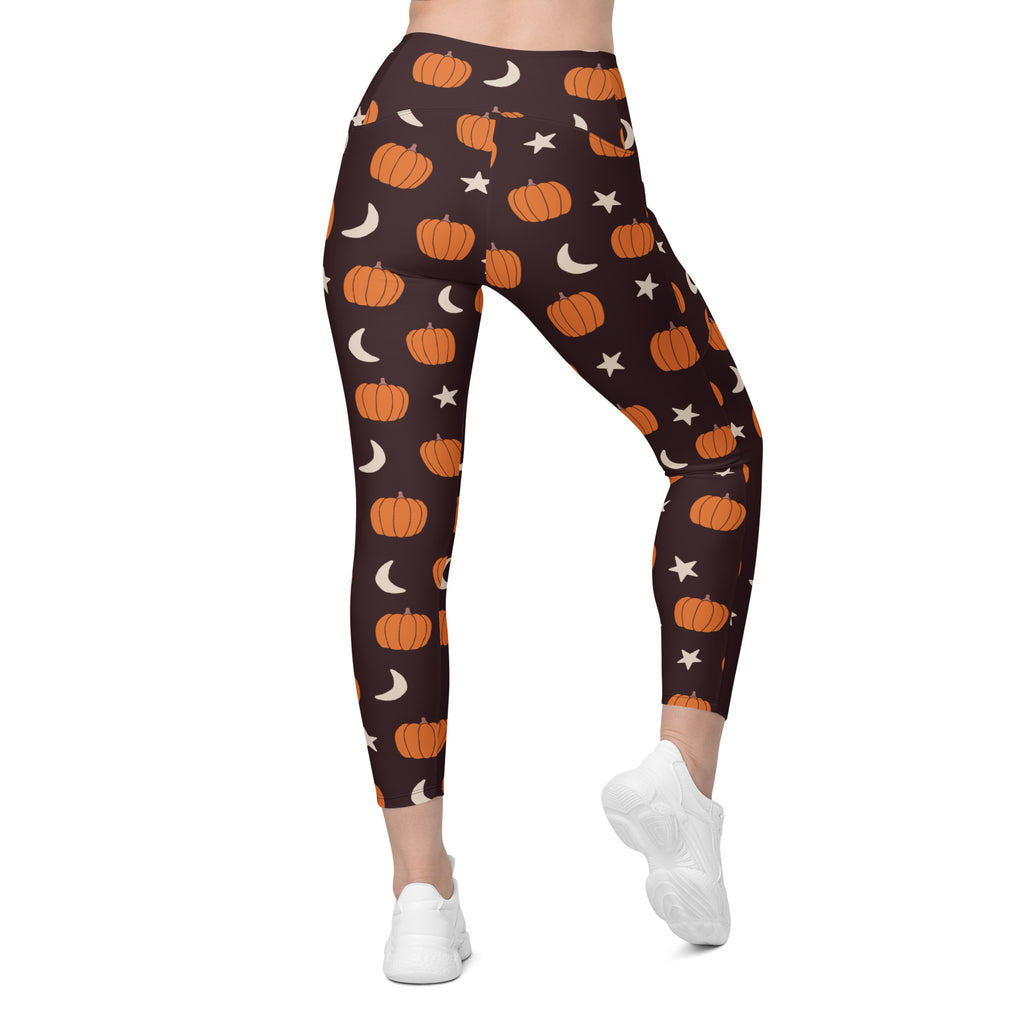 Women’s Orange Pumpkin Moon Halloween Yoga Leggings With Pockets – High-Waisted, Soft Compression Active Pants