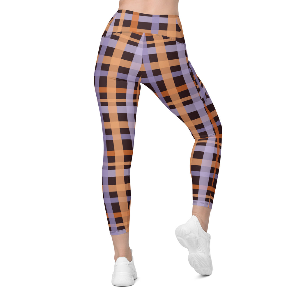 Women’s Orange Purple Plaid Halloween Yoga Leggings With Pockets – High-Waisted, Soft Compression Active Pants