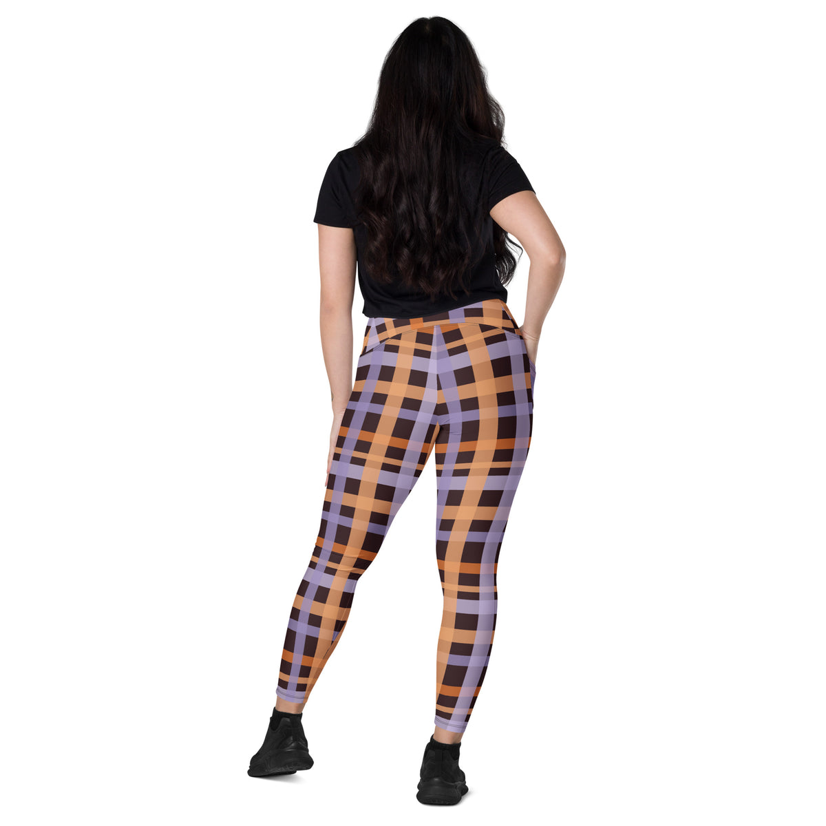 Women’s Orange Purple Plaid Halloween Yoga Leggings With Pockets – High-Waisted, Soft Compression Active Pants