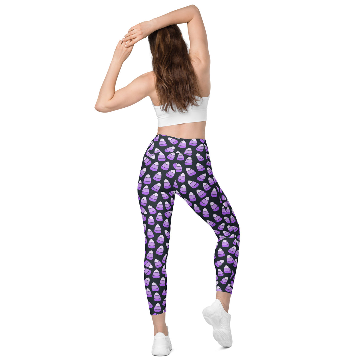 Women’s Purple Candy Corn Halloween Yoga Leggings With Pockets – High-Waisted, Soft Compression Active Pants