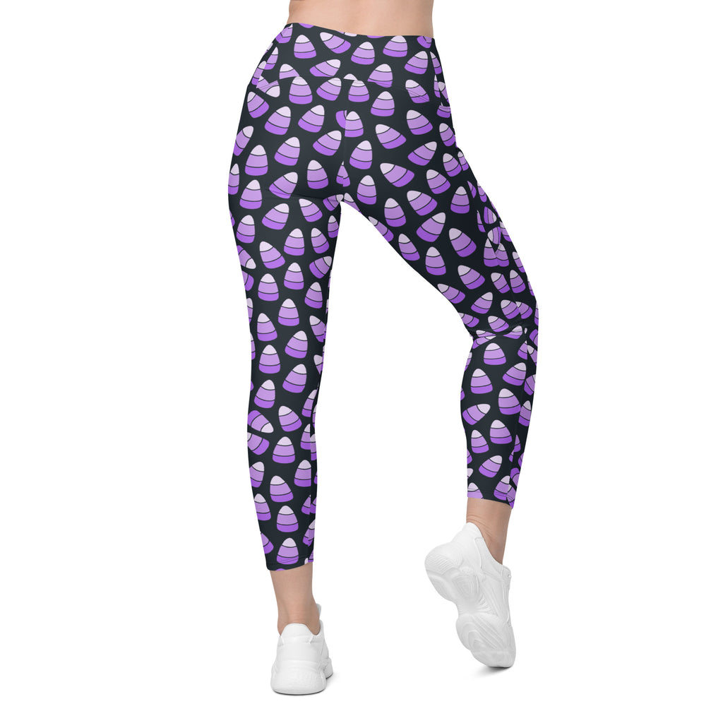 Women’s Purple Candy Corn Halloween Yoga Leggings With Pockets – High-Waisted, Soft Compression Active Pants