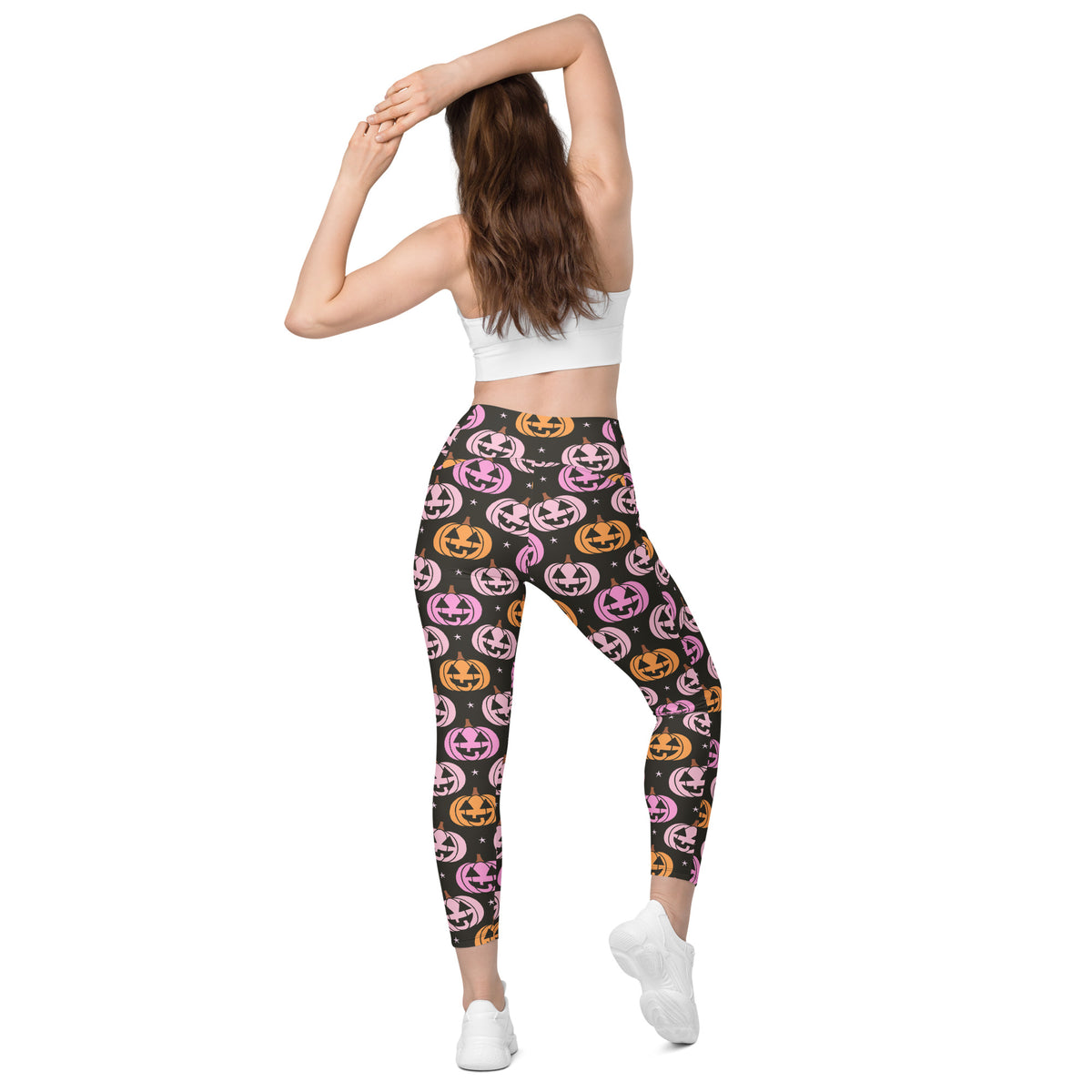 Women’s Pink Pumpkin Halloween Yoga Leggings With Pockets – High-Waisted, Soft Compression Active Pants