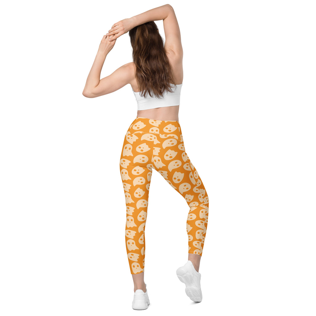 Women’s Orange Ghost Halloween Yoga Leggings With Pockets – High-Waisted, Soft Compression Active Pants