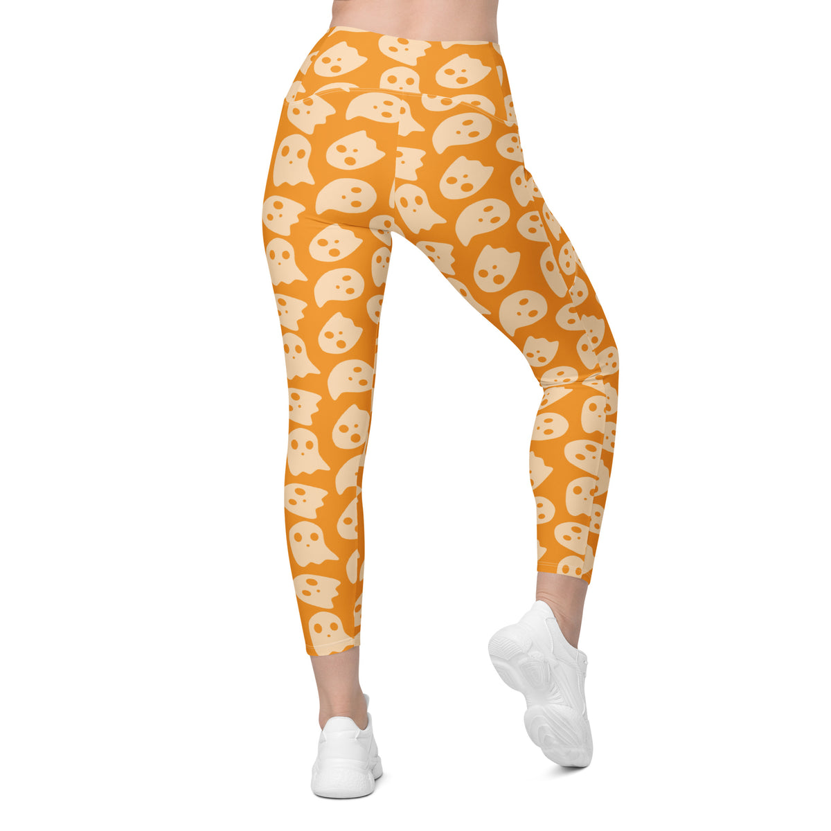 Women’s Orange Ghost Halloween Yoga Leggings With Pockets – High-Waisted, Soft Compression Active Pants