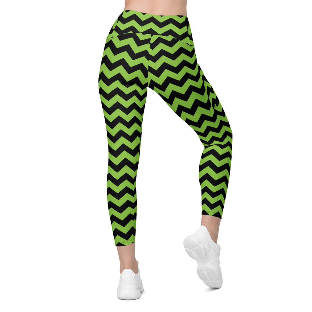 Women’s Green Chevron Halloween Yoga Leggings With Pockets – High-Waisted, Soft Compression Active Pants
