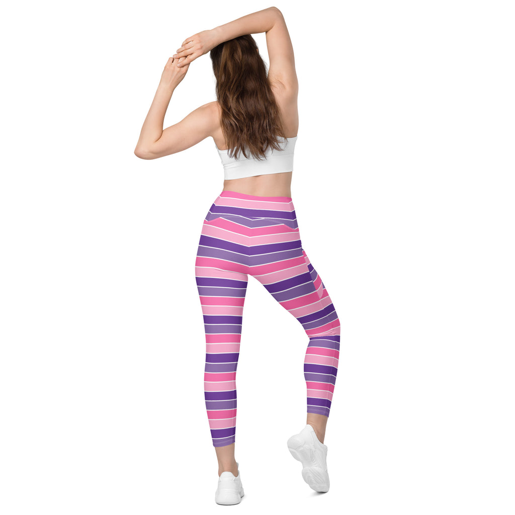 Women’s Pink & Purple Striped Yoga Leggings With Pockets – High-Waisted, Soft Compression Active Pants