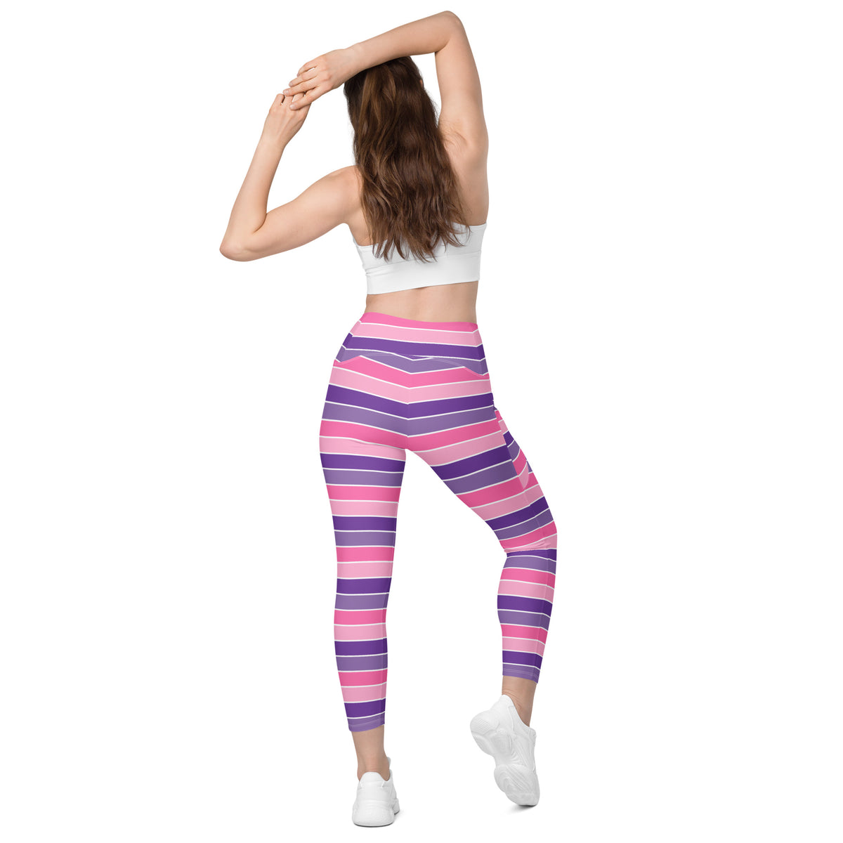 Women’s Pink & Purple Striped Yoga Leggings With Pockets – High-Waisted, Soft Compression Active Pants