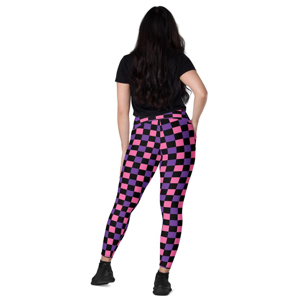 Women’s Pink & Purple Checkered Halloween Yoga Leggings With Pockets – High-Waisted, Soft Compression Active Pants