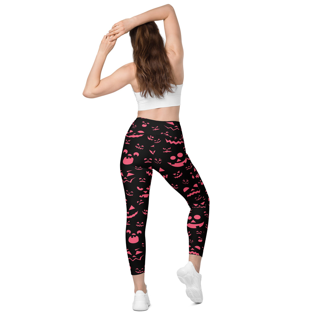Women’s Pink Jack O’ Lantern Faces Halloween Yoga Leggings With Pockets – High-Waisted, Soft Compression Active Pants