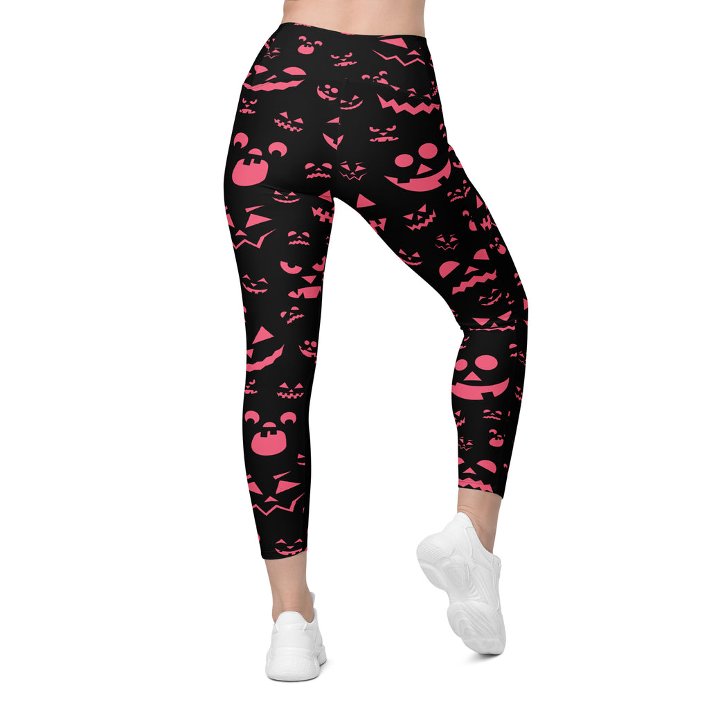 Women’s Pink Jack O’ Lantern Faces Halloween Yoga Leggings With Pockets – High-Waisted, Soft Compression Active Pants