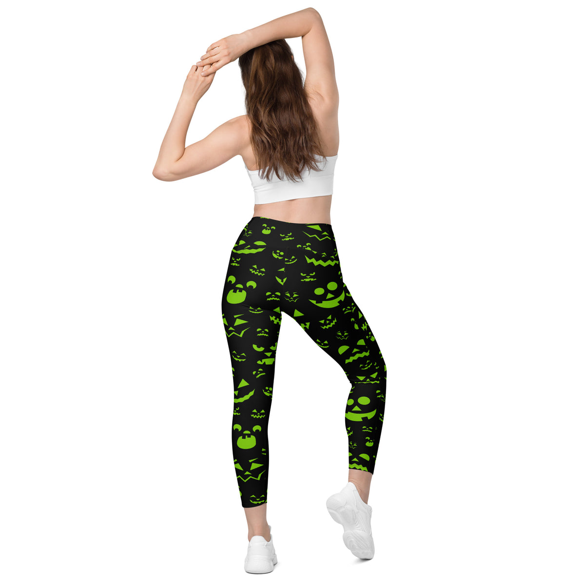 Women’s Green Jack O’ Lantern Faces Halloween Yoga Leggings With Pockets – High-Waisted, Soft Compression Active Pants