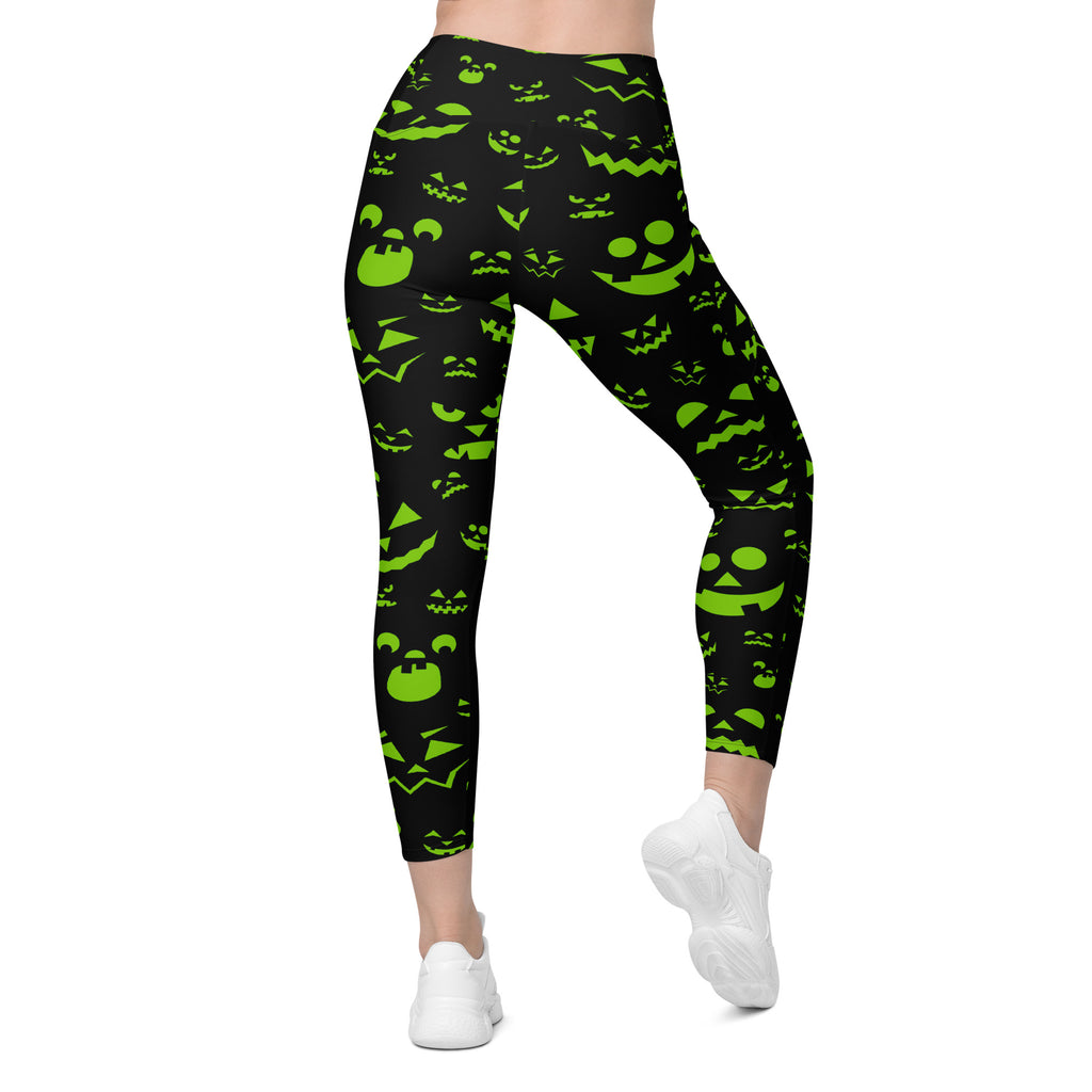 Women’s Green Jack O’ Lantern Faces Halloween Yoga Leggings With Pockets – High-Waisted, Soft Compression Active Pants