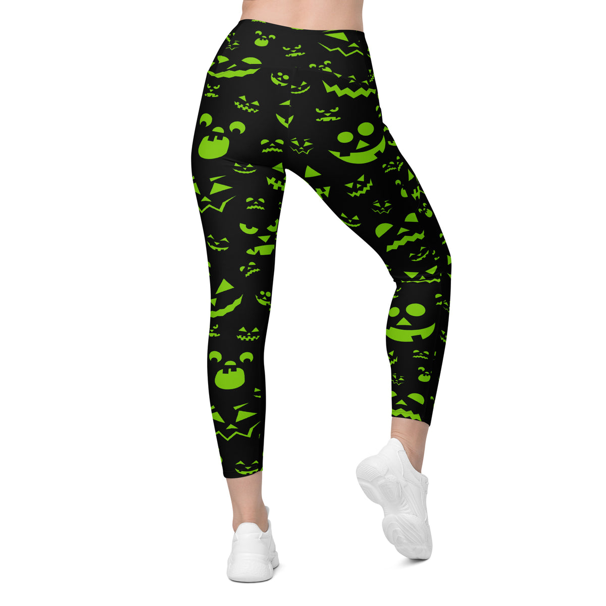 Women’s Green Jack O’ Lantern Faces Halloween Yoga Leggings With Pockets – High-Waisted, Soft Compression Active Pants