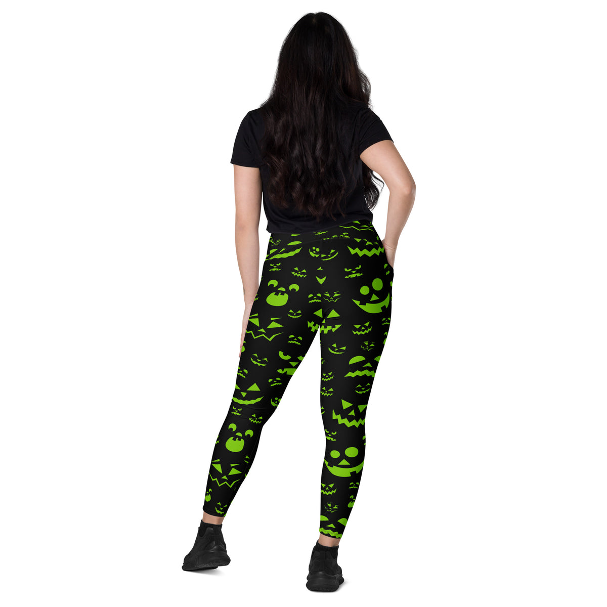 Women’s Green Jack O’ Lantern Faces Halloween Yoga Leggings With Pockets – High-Waisted, Soft Compression Active Pants