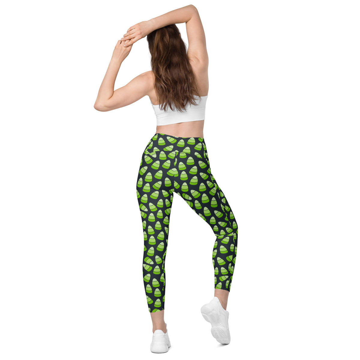 Women’s Green Candy Corn Halloween Yoga Leggings With Pockets – High-Waisted, Soft Compression Active Pants