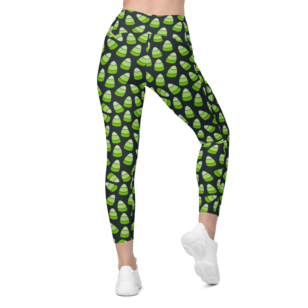 Women’s Green Candy Corn Halloween Yoga Leggings With Pockets – High-Waisted, Soft Compression Active Pants
