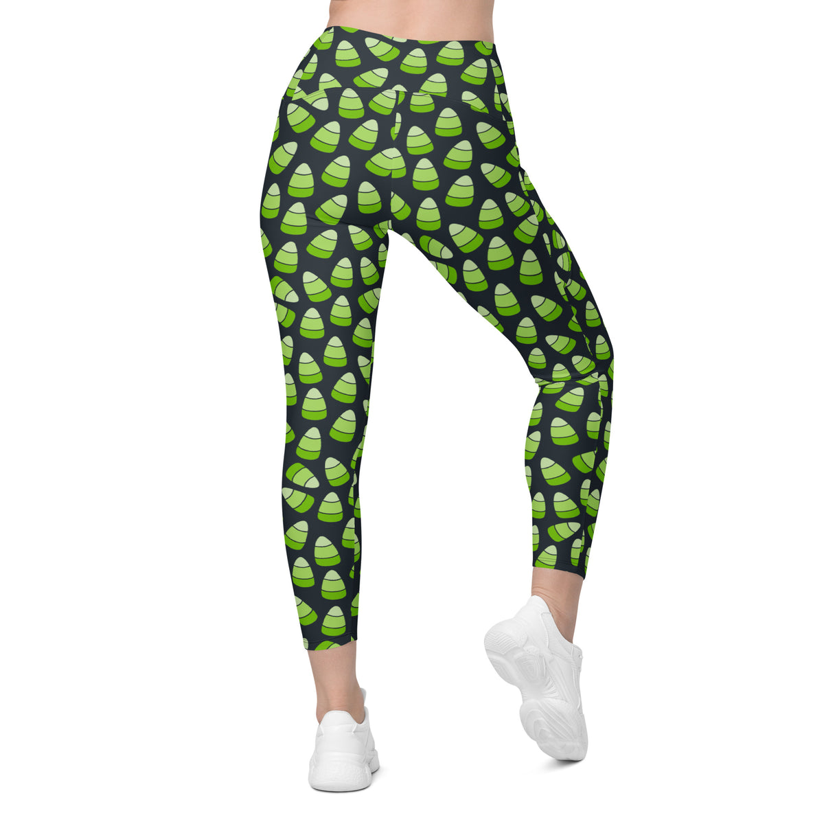 Women’s Green Candy Corn Halloween Yoga Leggings With Pockets – High-Waisted, Soft Compression Active Pants