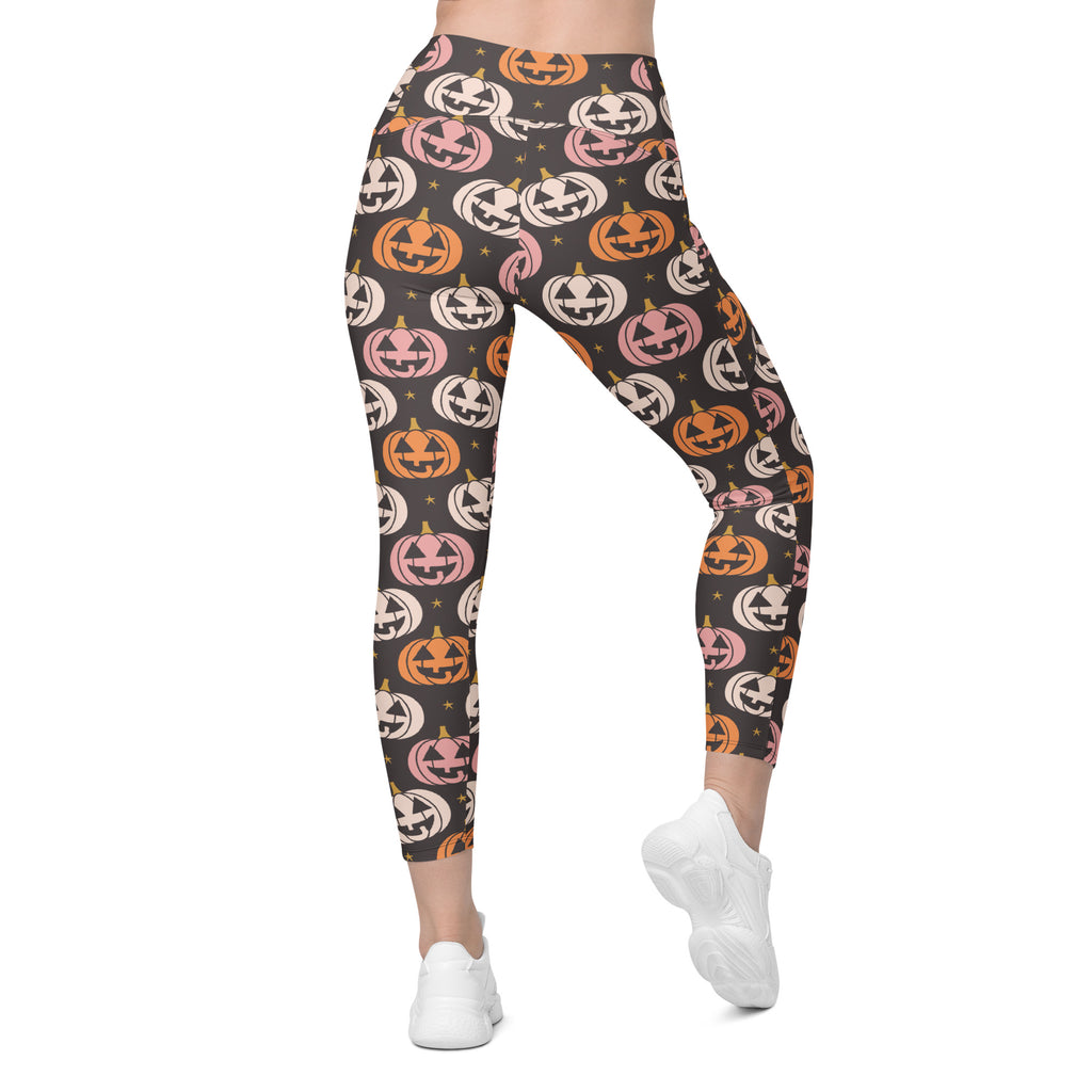Women’s Jack-O’-Lantern Pumpkin Patch Halloween Yoga Leggings With Pockets – High-Waisted, Soft Compression Active Pants