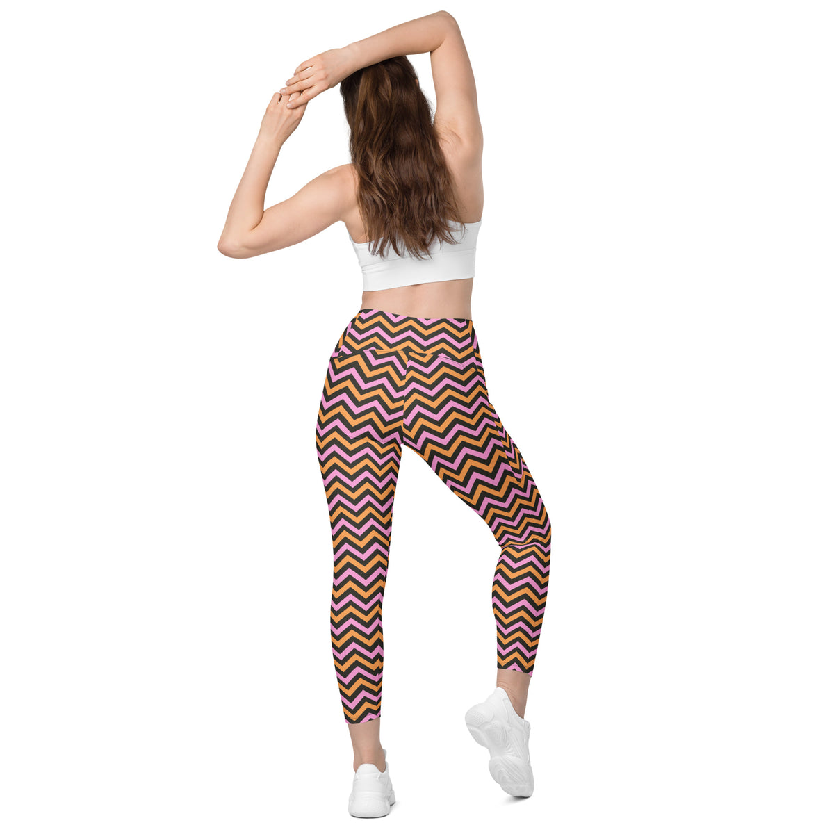 Women’s Pink & Orange Chevron Halloween Yoga Leggings With Pockets – High-Waisted, Soft Compression Active Pants