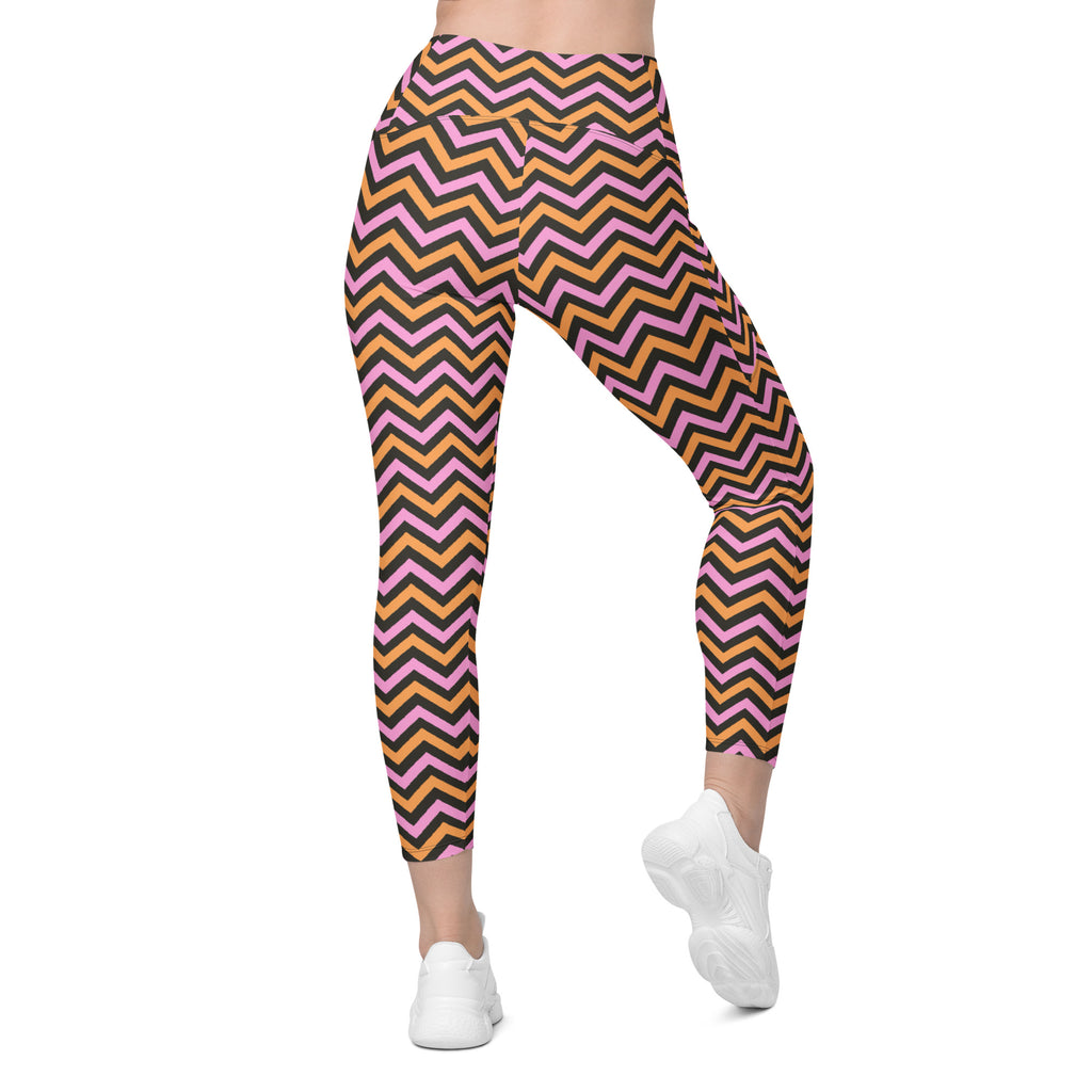 Women’s Pink & Orange Chevron Halloween Yoga Leggings With Pockets – High-Waisted, Soft Compression Active Pants