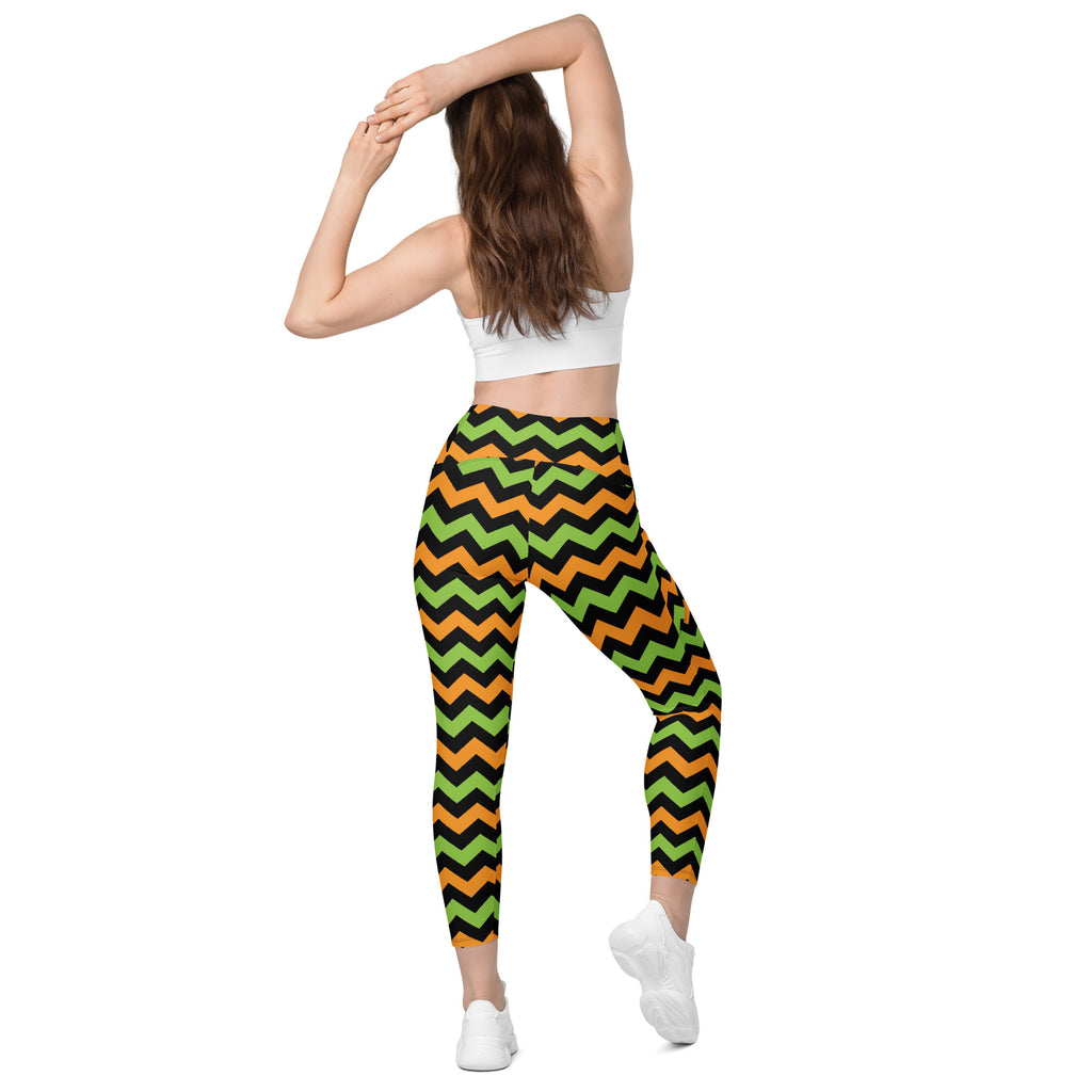 Women’s Orange & Green Chevron Halloween Yoga Leggings With Pockets – High-Waisted, Soft Compression Active Pants
