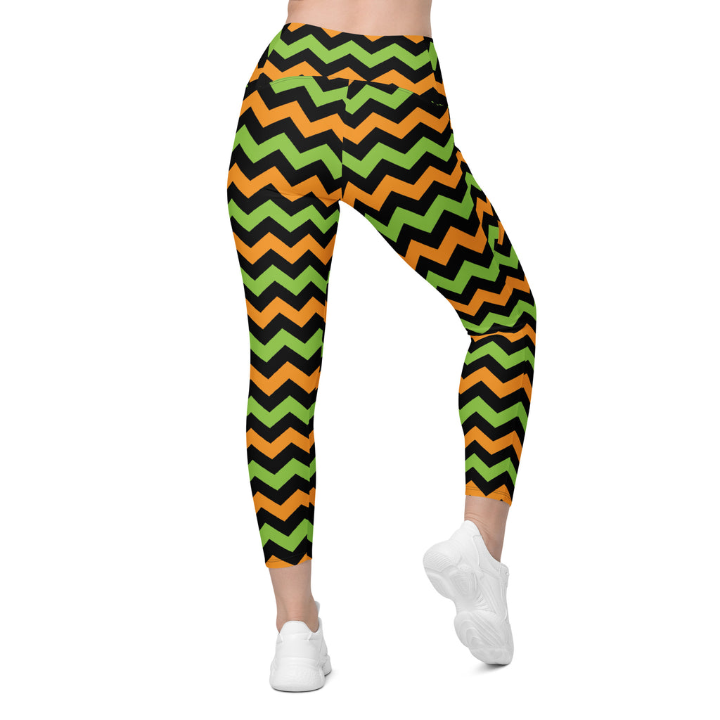Women’s Orange & Green Chevron Halloween Yoga Leggings With Pockets – High-Waisted, Soft Compression Active Pants