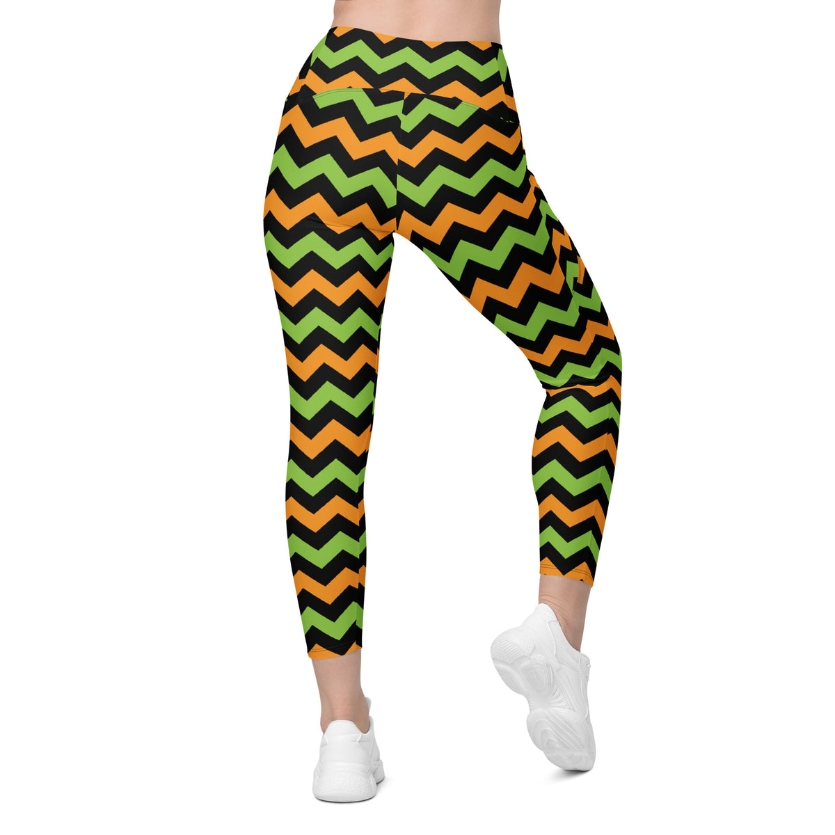 Women’s Orange & Green Chevron Halloween Yoga Leggings With Pockets – High-Waisted, Soft Compression Active Pants