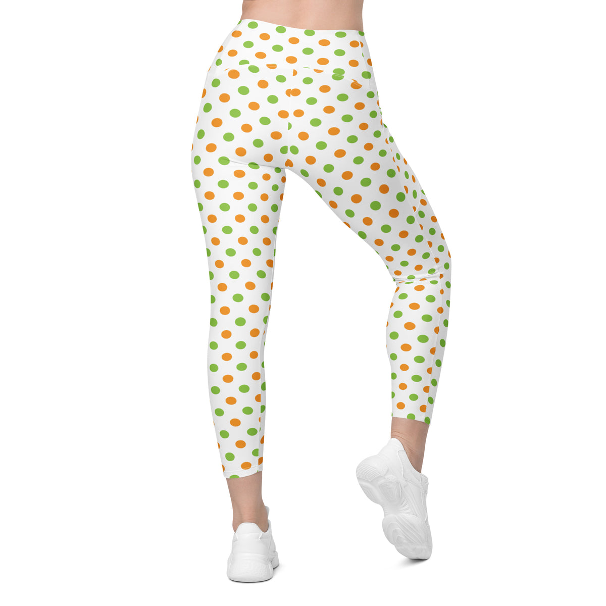 Women’s Orange & Green Polka Dot Halloween Yoga Leggings With Pockets – High-Waisted, Soft Compression Active Pants